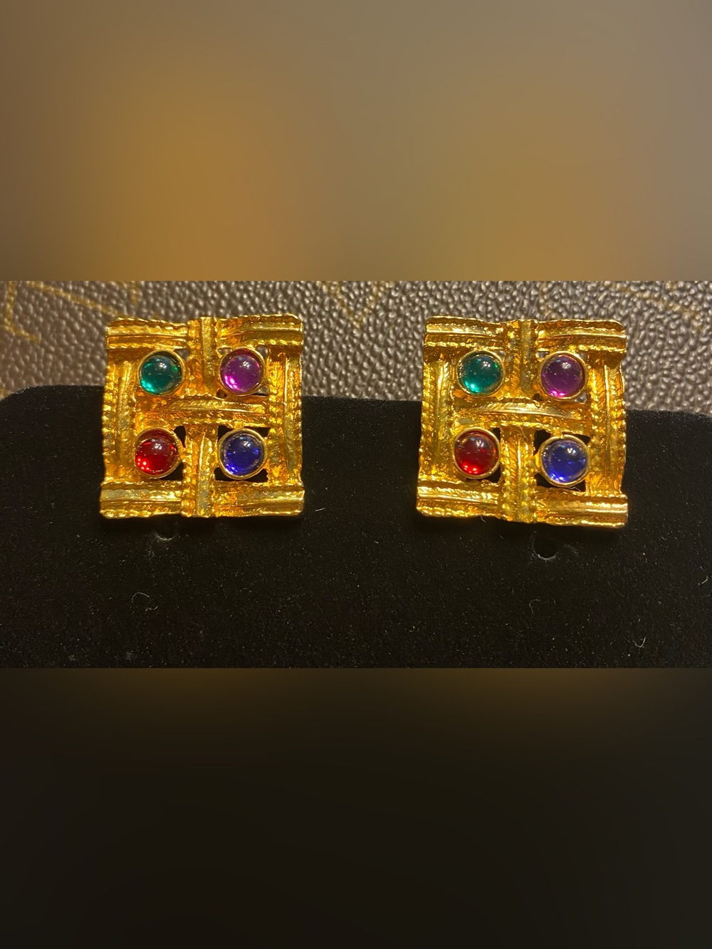 Vintage 80s Byzantine Gold Multi-Color Glass Cabochon Square Clip On Earrings